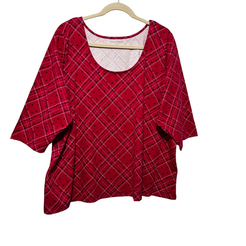 Jessica London Womens Cottagecore Top 4X Red Plaid Polka Dot Cotton Stretch Knit